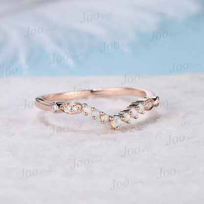 Round Opal Stacking Matching Wedding Band Art Deco 10k Rose Gold Lace Milgrain Marquise Moissanite Contoured Wedding Band For Women