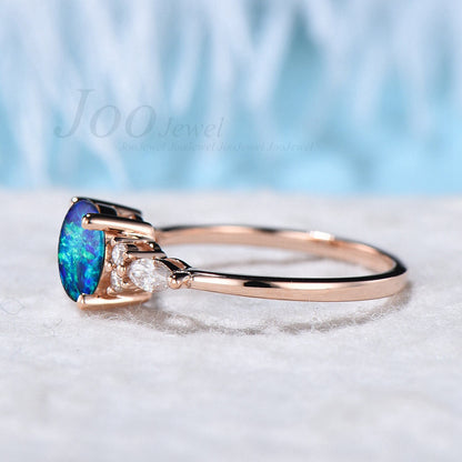 7mm Round Blue Opal Engagement Rings Vintage Sterling Silver Blue Wedding Ring Unique Anniversary Gift Galaxy Blue Fire Opal Promise Rings