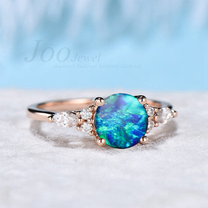 7mm Round Blue Opal Engagement Rings Vintage Sterling Silver Blue Wedding Ring Unique Anniversary Gift Galaxy Blue Fire Opal Promise Rings