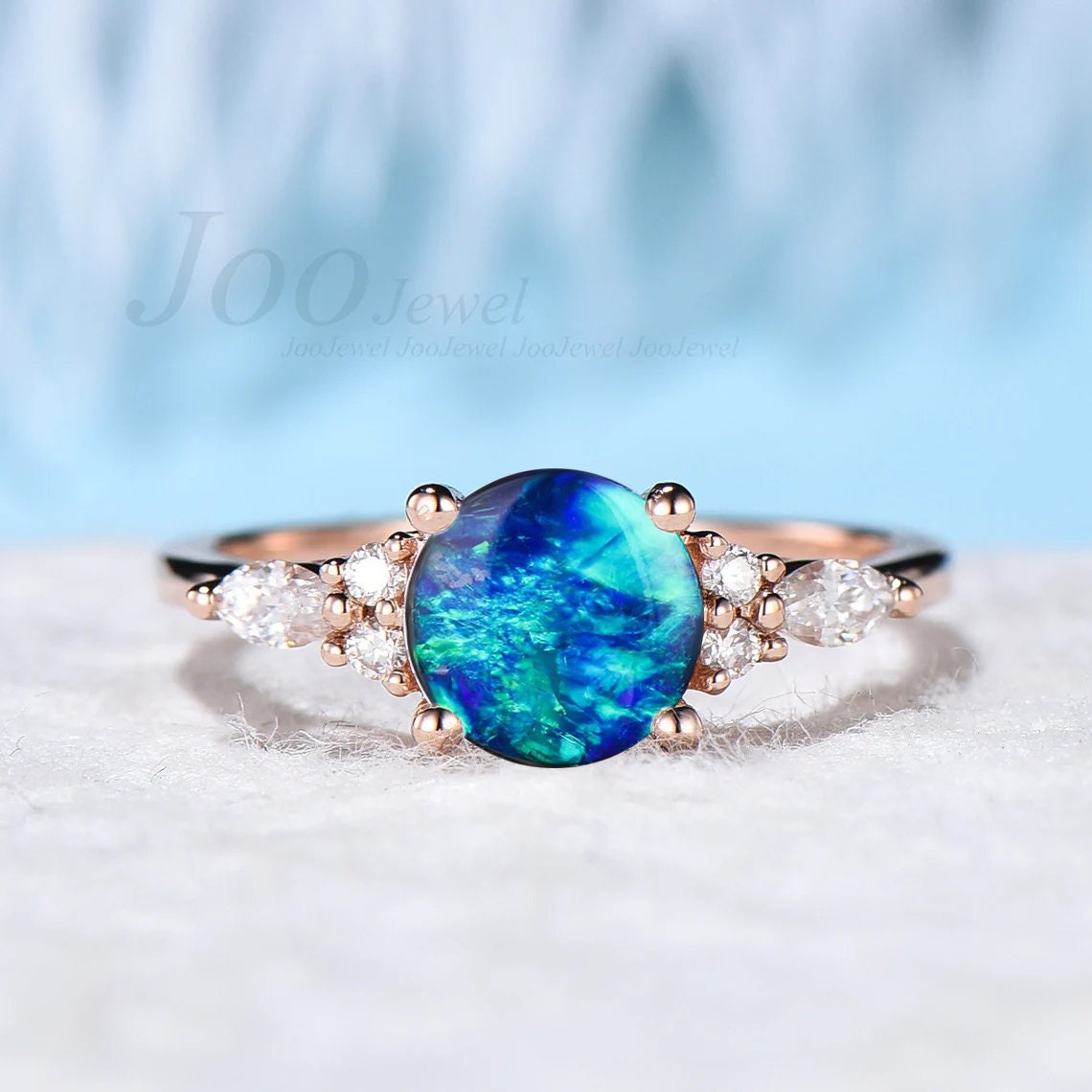 7mm Round Blue Opal Engagement Rings Vintage Sterling Silver Blue Wedding Ring Unique Anniversary Gift Galaxy Blue Fire Opal Promise Rings