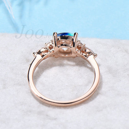 7mm Round Blue Opal Engagement Rings Vintage Sterling Silver Blue Wedding Ring Unique Anniversary Gift Galaxy Blue Fire Opal Promise Rings