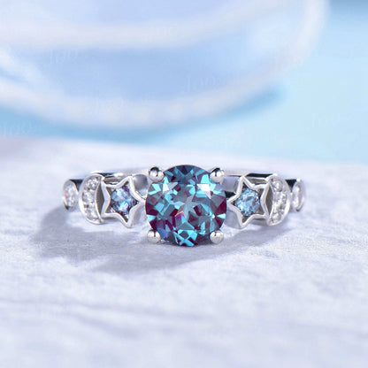 Moon Star Engagement Ring Sterling Silver Round Color-Change Alexandrite Bridal Set Alexandrite Celestial Wedding Ring Crescent Moon Ring