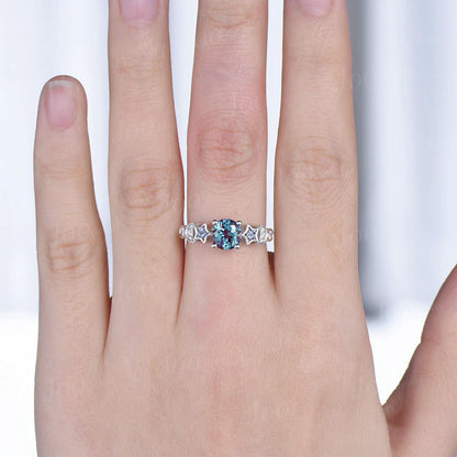 Moon Star Engagement Ring Sterling Silver Round Color-Change Alexandrite Bridal Set Alexandrite Celestial Wedding Ring Crescent Moon Ring