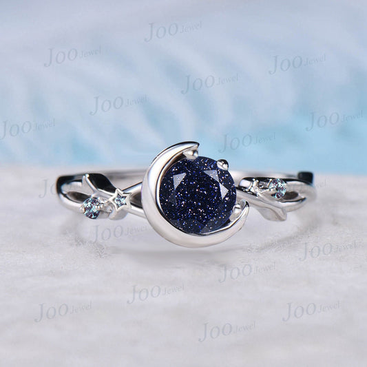 5mm/6.5mm Round Galaxy Blue Sandstone Moon Wedding Ring Starry Sky Cluster Alexandrite Twig Vine Blue Goldstone Ring Celestial Promise Ring