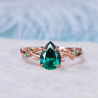 Black Gold Green Emerald Engagement Ring Set 1.25ct Twig Vine Pear Emerald Moss Agate Wedding Ring Set Goth Black Promise Ring Women Gifts