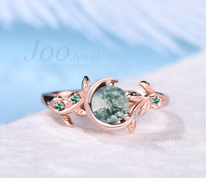 Nature Inspired Natural Moss Agate Ring Moon Star Design Vintage 5mm Round Moss Agate Engagement Ring Leaf Green Emerald Dainty Wedding Ring