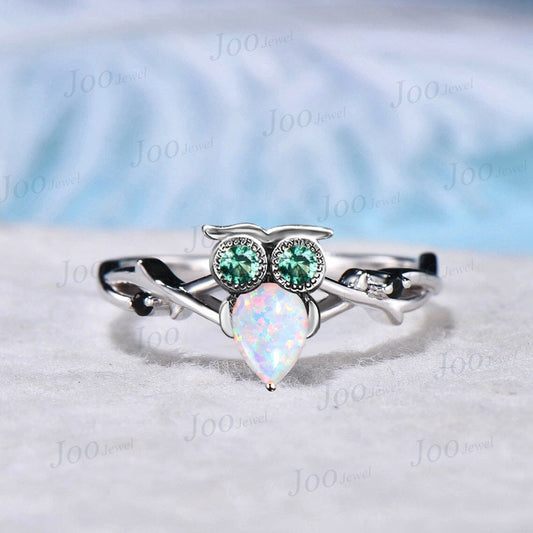 Owl Twig Vine Engagement Ring 14K White Gold Art Deco Nature Inspired Green Emerald Opal Wedding Ring Unique Antique Bridal Anniversary Ring