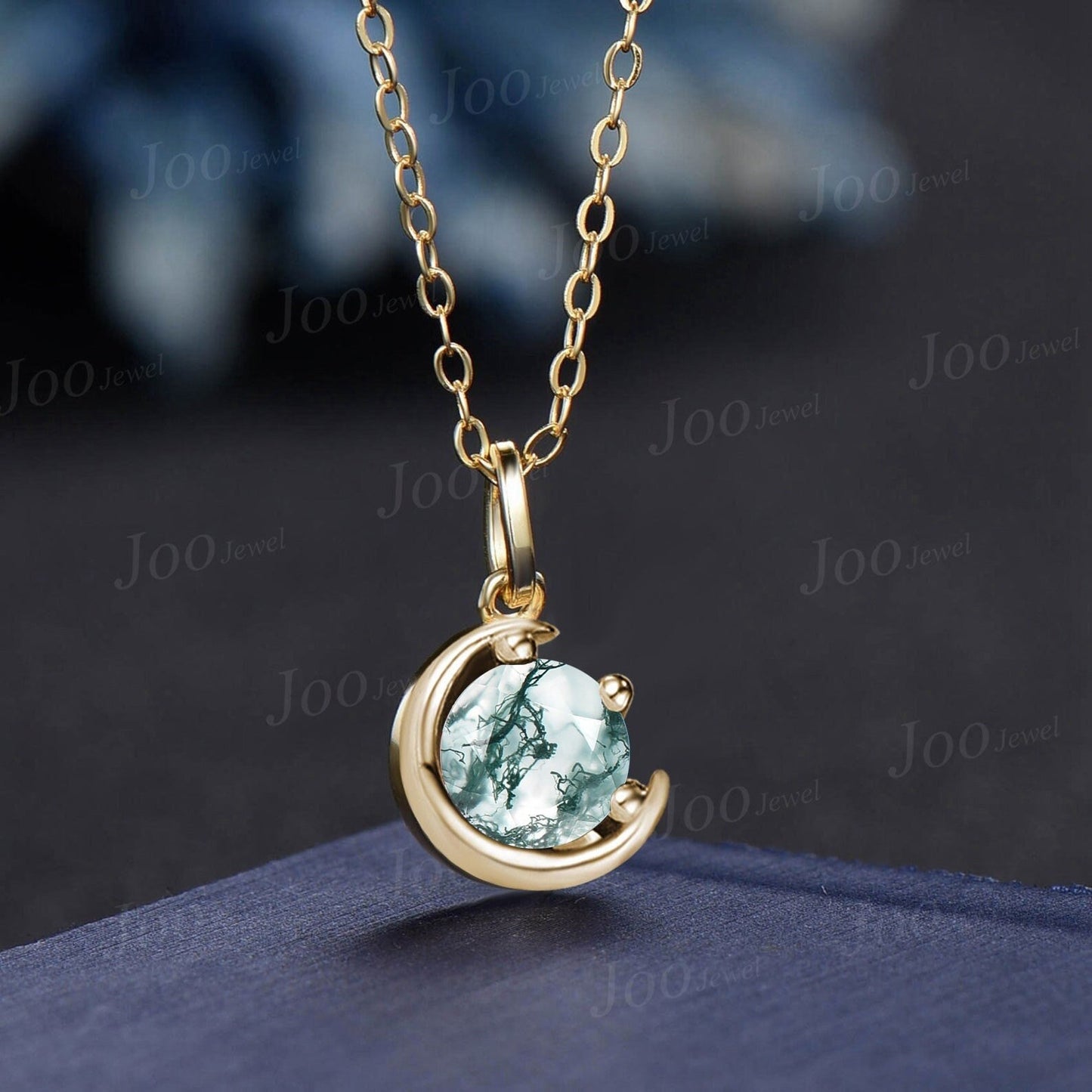 Dainty 6.5mm Round Natural Moss Agate Pendant Necklace Silver/14K Solid Gold Green Gemstone Wedding Necklace Unique Celestial Moon Jewelry
