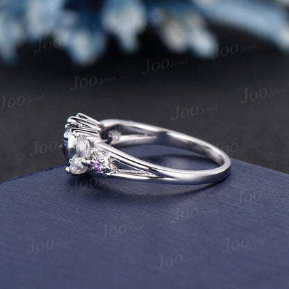 Moon Star Design Natural Round Swiss Blue Topaz Engagement Ring 14K White Gold Split Shank Band Moonstone Amethyst Celestial Wedding Rings