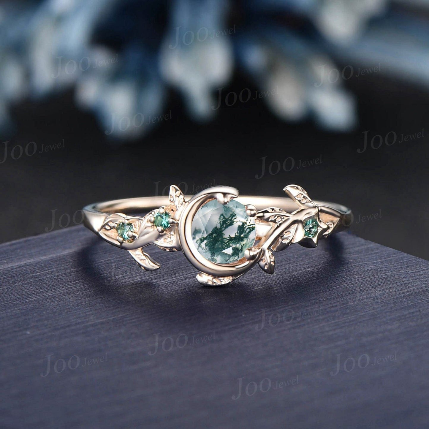 Nature Inspired Natural Moss Agate Ring Moon Star Design Vintage 5mm Round Moss Agate Engagement Ring Leaf Green Emerald Dainty Wedding Ring