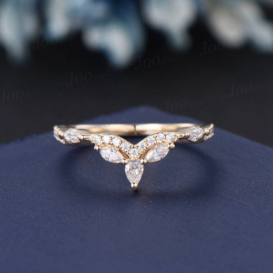 Marquise and Pear Cut Moissanite Wedding Band Curved Dainty Rose Gold Stacking Band Moissanite Anniversary Band Vintage Leaf Wedding Ring