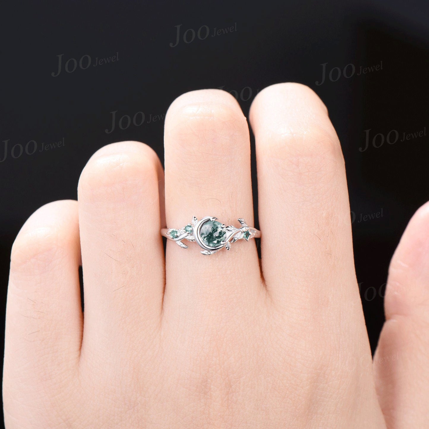 Nature Inspired Natural Moss Agate Ring Moon Star Design Vintage 5mm Round Moss Agate Engagement Ring Leaf Green Emerald Dainty Wedding Ring