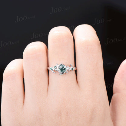 Nature Inspired Natural Moss Agate Ring Moon Star Design Vintage 5mm Round Moss Agate Engagement Ring Leaf Green Emerald Dainty Wedding Ring
