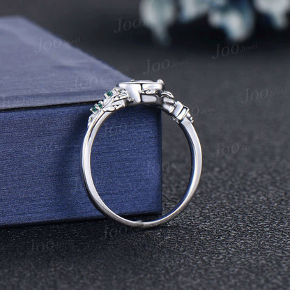 Nature Inspired Natural Moss Agate Ring Moon Star Design Vintage 5mm Round Moss Agate Engagement Ring Leaf Green Emerald Dainty Wedding Ring