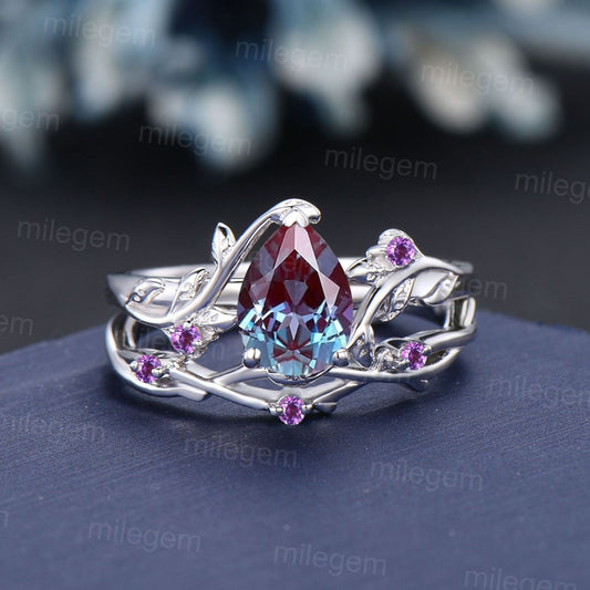 1.25ct Pear Shaped Alexandrite Ring Nature Inspired Alexandrite Promise Ring Leaf Vine Ring Set Twig Amethyst Ring Unique Anniversary Gifts