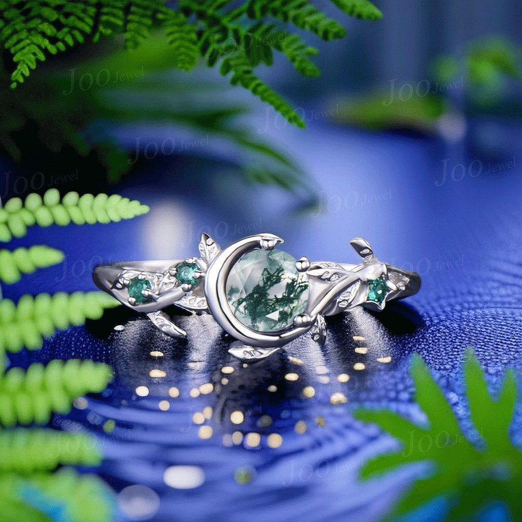 Nature Inspired Natural Moss Agate Ring Moon Star Design Vintage 5mm Round Moss Agate Engagement Ring Leaf Green Emerald Dainty Wedding Ring