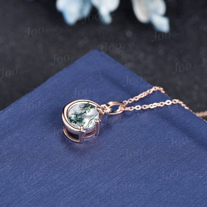 Dainty 6.5mm Round Natural Moss Agate Pendant Necklace Silver/14K Solid Gold Green Gemstone Wedding Necklace Unique Celestial Moon Jewelry