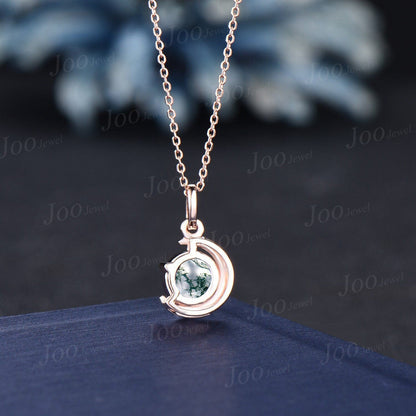 Dainty 6.5mm Round Natural Moss Agate Pendant Necklace Silver/14K Solid Gold Green Gemstone Wedding Necklace Unique Celestial Moon Jewelry