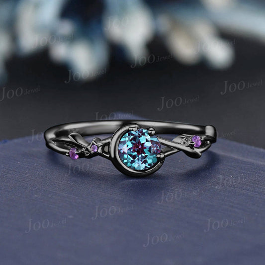 5mm Round Twig Vine Color-Change Alexandrite Wedding Ring 14K Black Gold Moon Star Design Cluster Amethyst Ring Celestial Moon Promise Ring