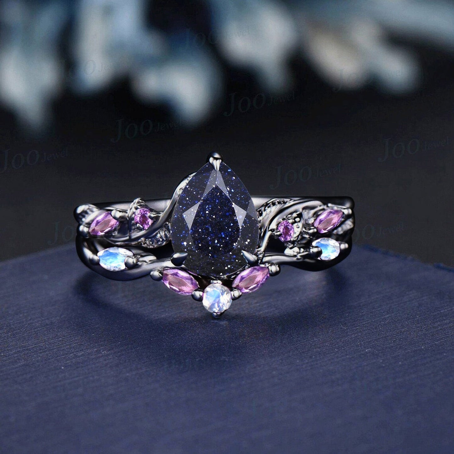 Leaf Bridal Set Pear Galaxy Starry Sky Blue Sandstone Alexandrite Wedding Ring Kite Wedding Ring 14K Yellow Gold Blue Goldstone Promise Ring
