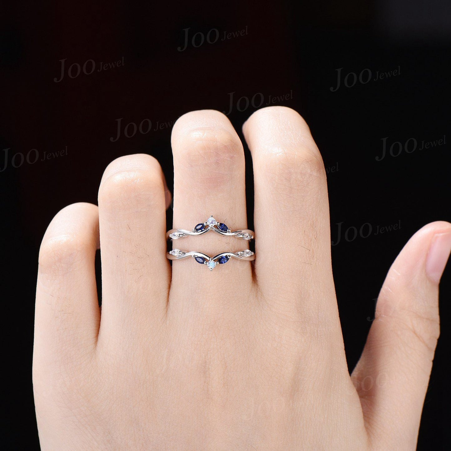 Double Curved Moonstone Blue Sapphire Contour Wedding Band Sterling Silver Enhancer Stacking Matching Nesting Band Jacket Anniversary Gifts