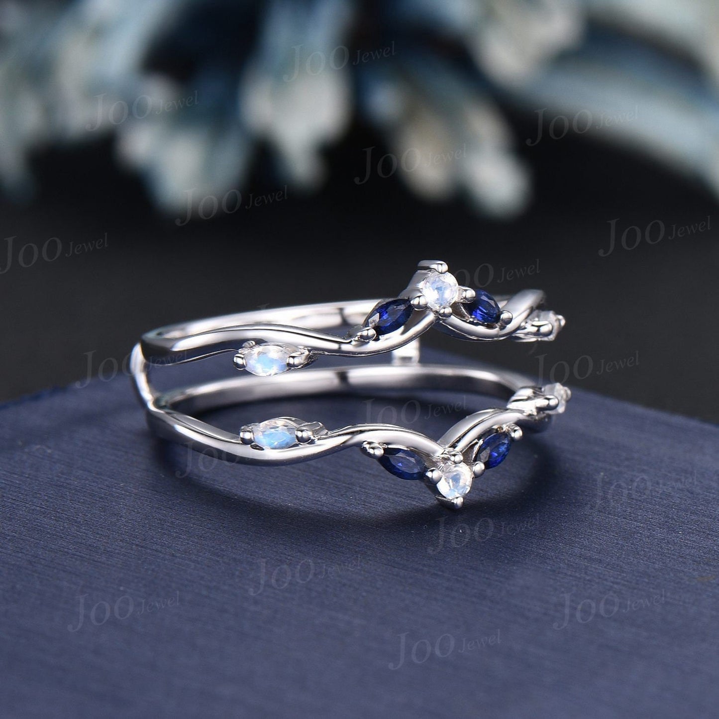 Double Curved Moonstone Blue Sapphire Contour Wedding Band Sterling Silver Enhancer Stacking Matching Nesting Band Jacket Anniversary Gifts