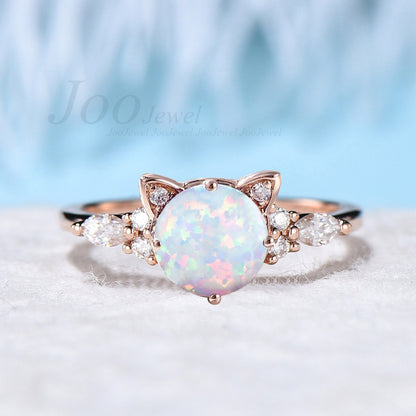 Vintage Round Cut Opal Moissanite Cat Promise Ring Peekaboo Kitten Cat Wedding Ring Unique Custom Personalized Birthday Gifts for Cat Lover
