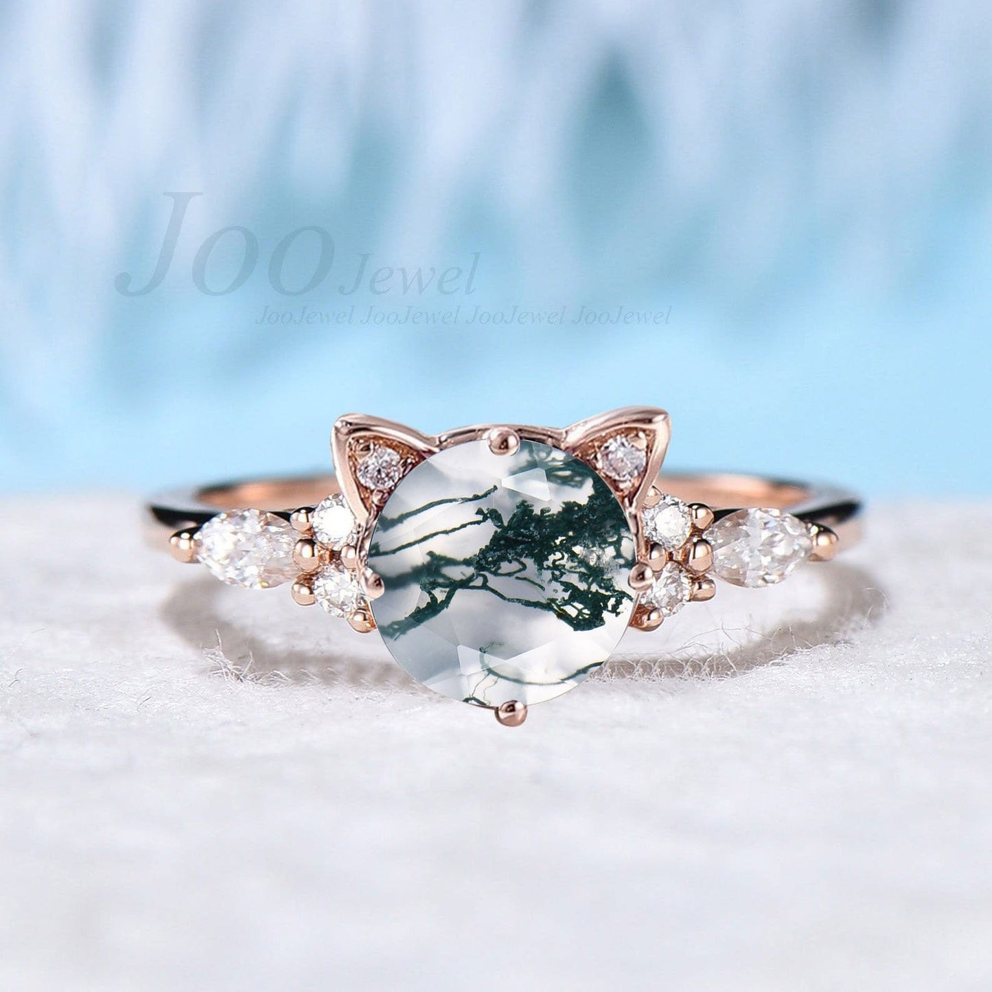 Cat Engagement Ring Silver Vintage 1.2ct Round Natural Moss Agate Moissanite Wedding Ring Peekaboo Kitten Green Gemstone Gifts for Cat Lover
