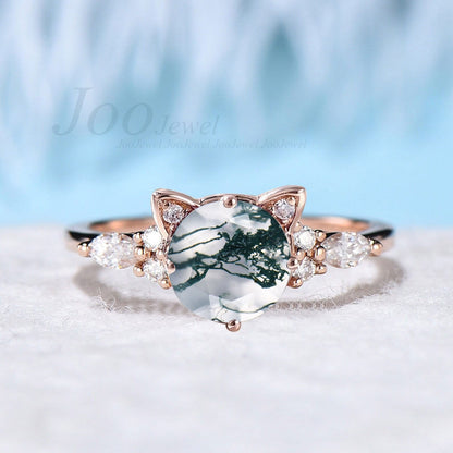 Cat Engagement Ring Silver Vintage 1.2ct Round Natural Moss Agate Moissanite Wedding Ring Peekaboo Kitten Green Gemstone Gifts for Cat Lover