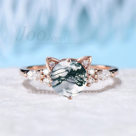Cat Engagement Ring Silver Vintage 1.2ct Round Natural Moss Agate Moissanite Wedding Ring Peekaboo Kitten Green Gemstone Gifts for Cat Lover
