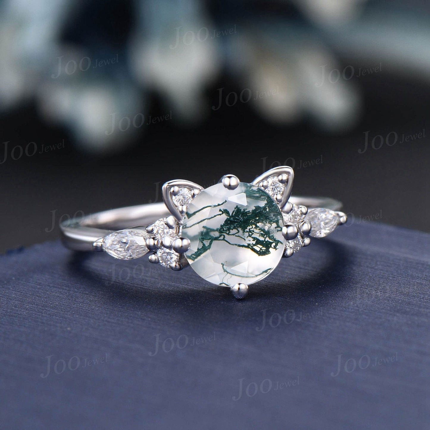 Cat Engagement Ring Silver Vintage 1.2ct Round Natural Moss Agate Moissanite Wedding Ring Peekaboo Kitten Green Gemstone Gifts for Cat Lover
