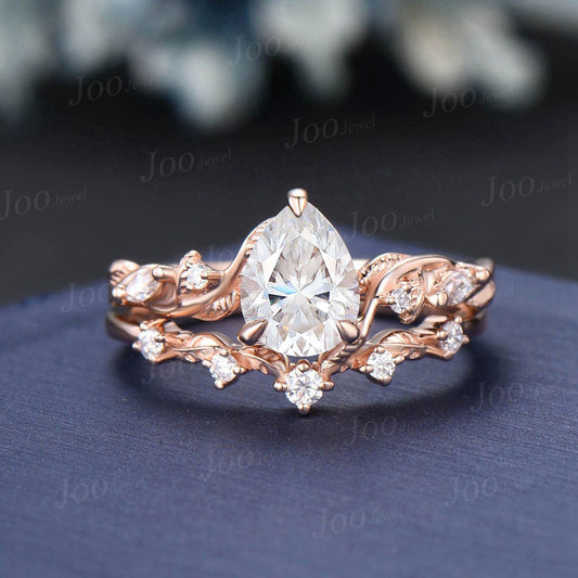 Nature Inspired Pear Moissanite Engagement Ring Set Twisted Vine Diamond Wedding Ring Teardrop Moissanite Bridal Set