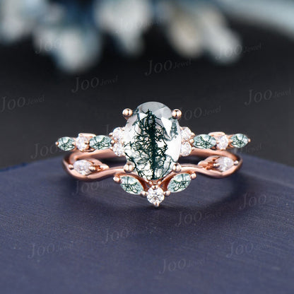 6*8mm Oval Cut Natural Moss Agate Moissanite Engagement Ring Set 14K Rose Gold Bridal Set Green Gemstone Wedding Ring Vintage Jewelry Gift