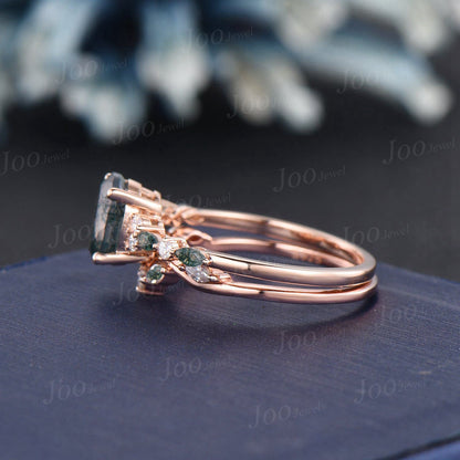 6*8mm Oval Cut Natural Moss Agate Moissanite Engagement Ring Set 14K Rose Gold Bridal Set Green Gemstone Wedding Ring Vintage Jewelry Gift