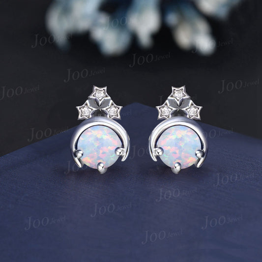 Unique 5mm Round Opal Moissanite Earrings Sterling Silver Crescent Moon Star White Opal Studs 14K Gemstone Earrings Vintage Anniversary Gift