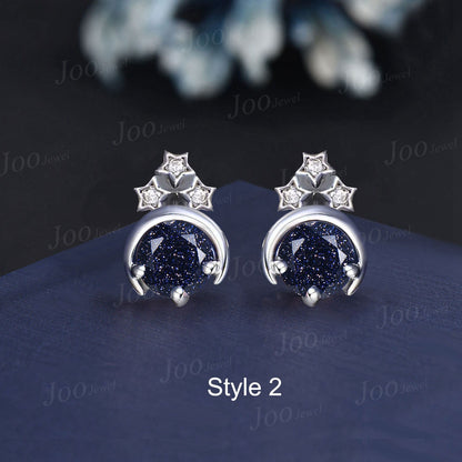 Sterling Silver Moon Star Stud Earrings Round Galaxy Blue Sandstone Earrings Vintage Blue Gemstone Earrings Unique Anniversary/Birthday Gift