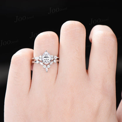 Pear Lab Grown Diamond Engagement Ring Set With IGI Certificate Vintage Diamond Ring Set Marquise Moissanite Ring Unique Diamond Bridal Set