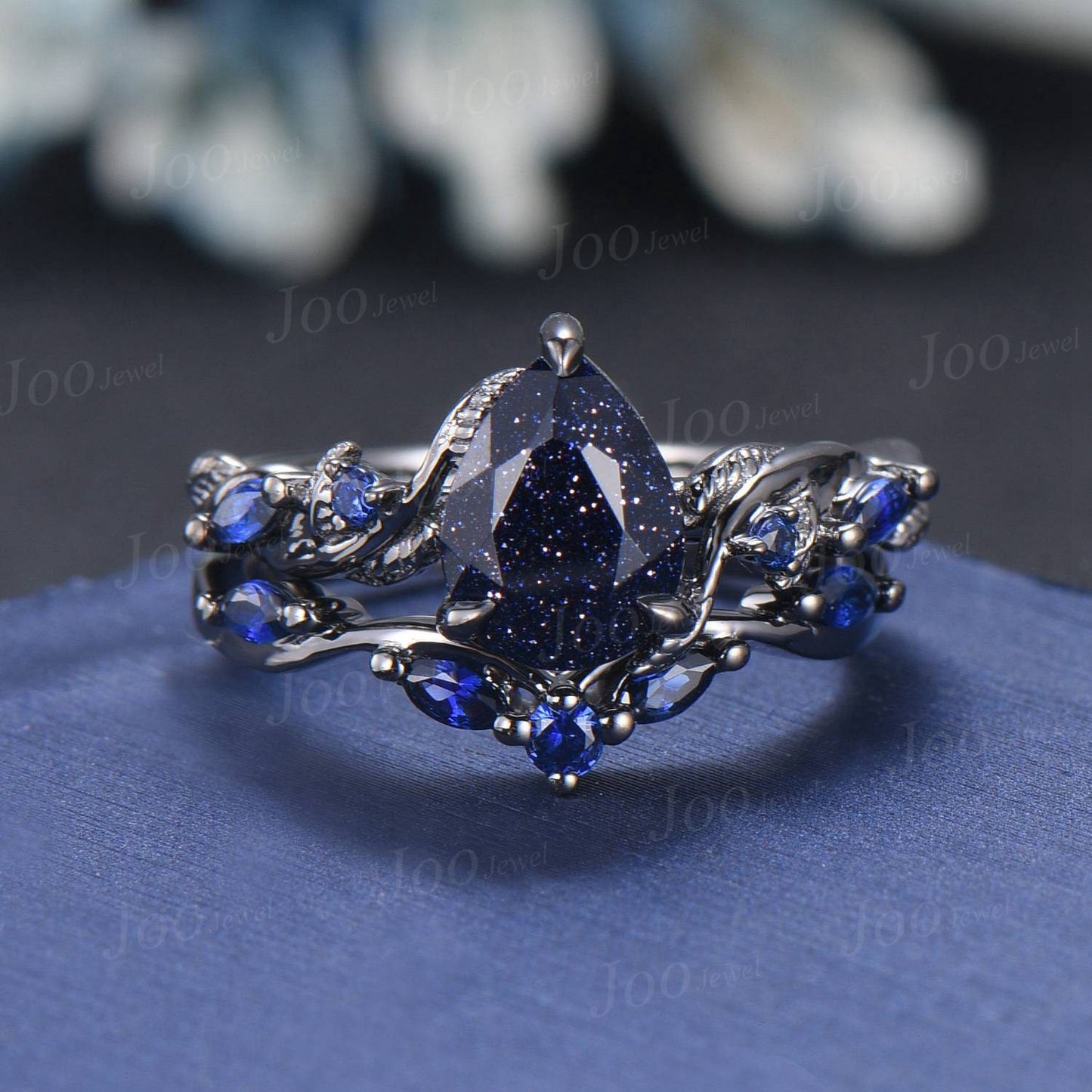 Leaf Bridal Set Pear Galaxy Starry Sky Blue Sandstone Alexandrite Wedding Ring Kite Wedding Ring 14K Yellow Gold Blue Goldstone Promise Ring