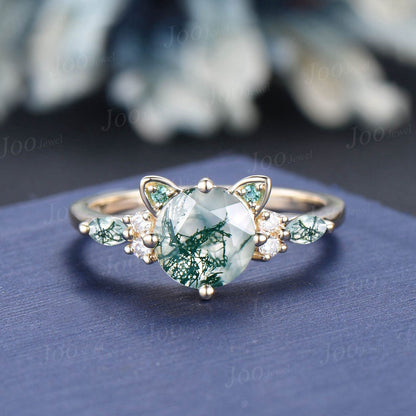 Cat Bridal Ring Set Vintage 1.2ct Round Cut Natural Green Moss Agate Emerald Cat Cut Promise Wedding Ring Peekaboo Kitten Animal Lover Gifts