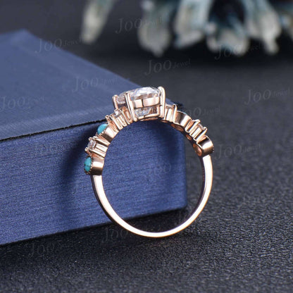 2ct Oval Natural Turquoise Engagement Ring Half Eternity Moissanite Cluster Turquoise Stacking Ring 10K Rose Gold Turquoise Wedding Ring