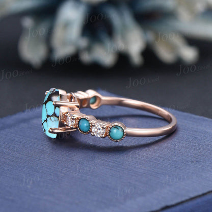 2ct Oval Natural Turquoise Engagement Ring Half Eternity Moissanite Cluster Turquoise Stacking Ring 10K Rose Gold Turquoise Wedding Ring