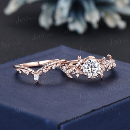 1ct Round Cut Moissanite Engagement Ring Set 14K Rose Gold Real Diamond Leaf Wedding Ring Branch Bridal Set Unique Proposal Gifts for Women
