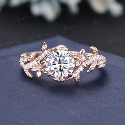 1ct Round Cut Moissanite Engagement Ring Set 14K Rose Gold Real Diamond Leaf Wedding Ring Branch Bridal Set Unique Proposal Gifts for Women