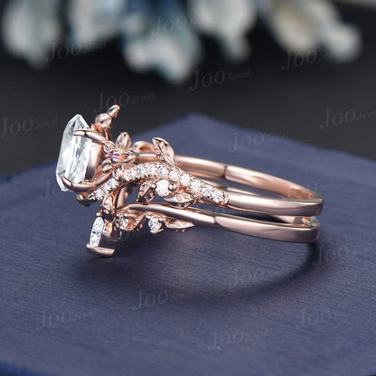 1ct Round Cut Moissanite Engagement Ring Set 14K Rose Gold Real Diamond Leaf Wedding Ring Branch Bridal Set Unique Proposal Gifts for Women