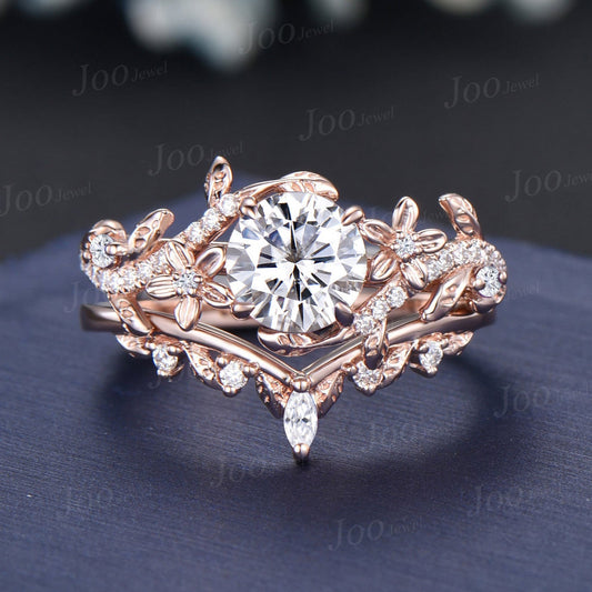 1ct Round Cut Moissanite Engagement Ring Set 14K Rose Gold Real Diamond Leaf Wedding Ring Branch Bridal Set Unique Proposal Gifts for Women