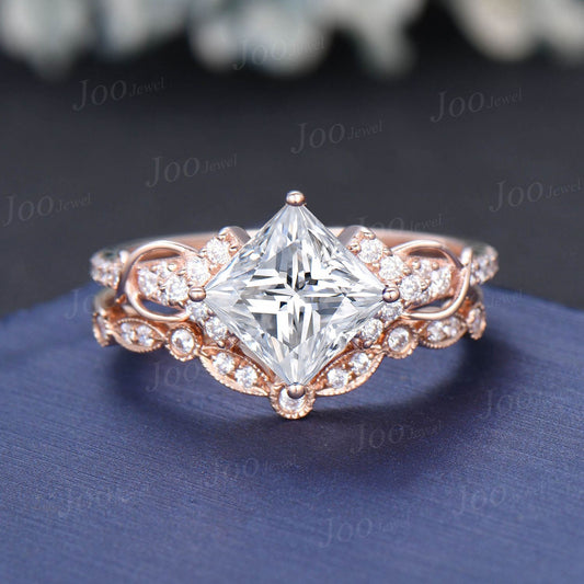 2ct Moissanite Diamond Bridal Set Unique Princess Cut Engagement Ring Set Cluster Half Eternity Band Infinity Love Promise Rings for Women