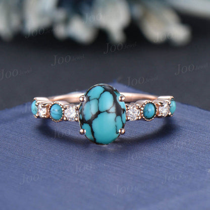 2ct Oval Natural Turquoise Engagement Ring Half Eternity Moissanite Cluster Turquoise Stacking Ring 10K Rose Gold Turquoise Wedding Ring