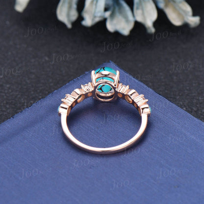 2ct Oval Natural Turquoise Engagement Ring Half Eternity Moissanite Cluster Turquoise Stacking Ring 10K Rose Gold Turquoise Wedding Ring
