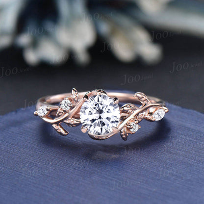 1ct Round Cut Moissanite Engagement Ring 14K Real Gold Nature Inspired Diamond Engagement Ring Leaf Wedding Bridal Set Unique Proposal Gifts