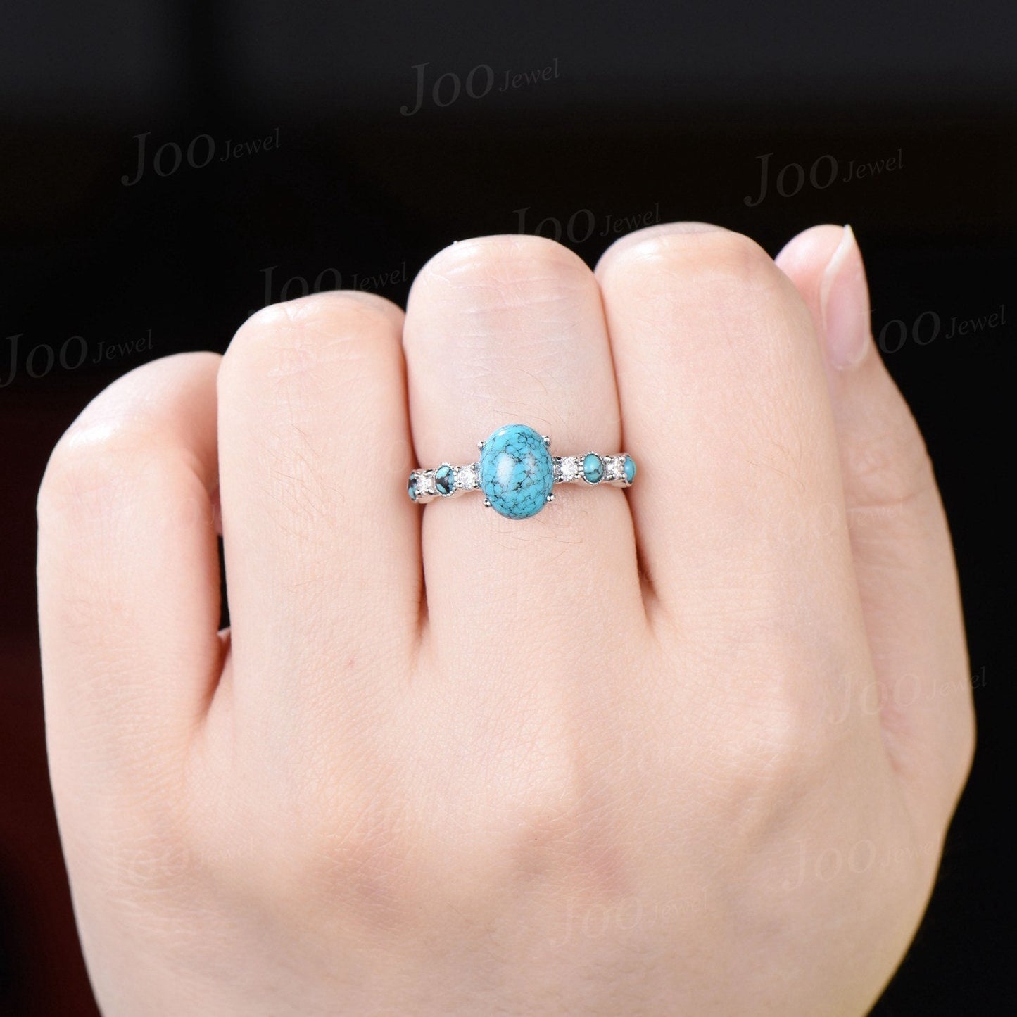 2ct Oval Natural Turquoise Engagement Ring Half Eternity Moissanite Cluster Turquoise Stacking Ring 10K Rose Gold Turquoise Wedding Ring